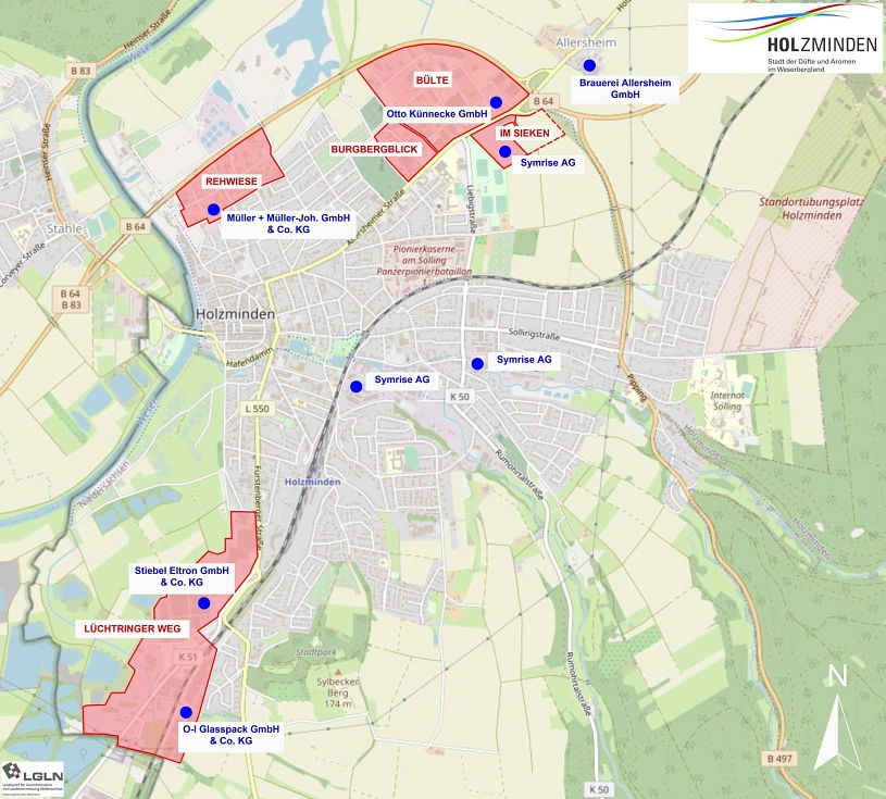 Gewerbegebiete in Holzminden&nbsp;&copy;&nbsp;Landesamt für Geoinformation und Landesvermessung Niedersachsen (LGLN).